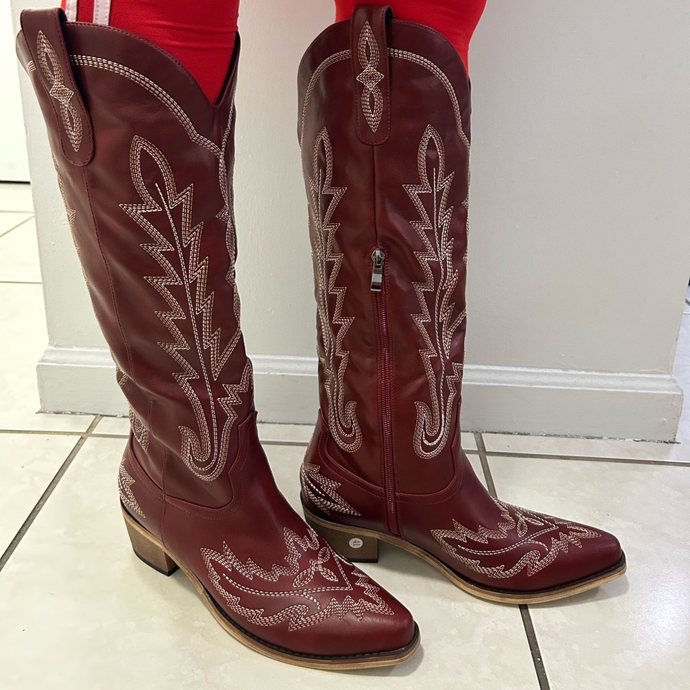 Women's Burgundy Western Knee-High Boots with Embroidered Detail
